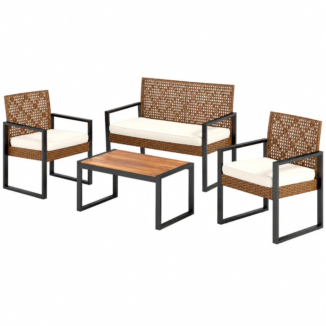 PHI VILLA Gartenlounge Set für 4 Personen – Sofa, Sessel und Tisch, Wetterfestes Rattan in Beige & Braun