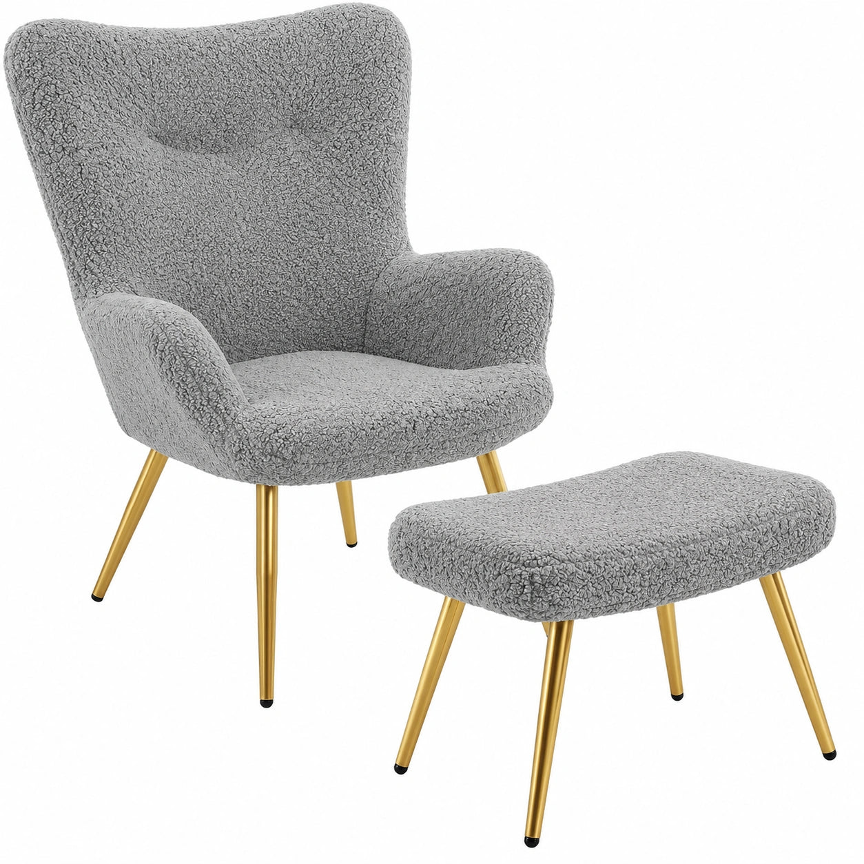 Yaheetech Gemütlicher Ohrensessel mit Hocker im Teddy-Plüsch, Stilvolles Design in Grau, Ideal als Fernsehsessel oder Relaxsessel